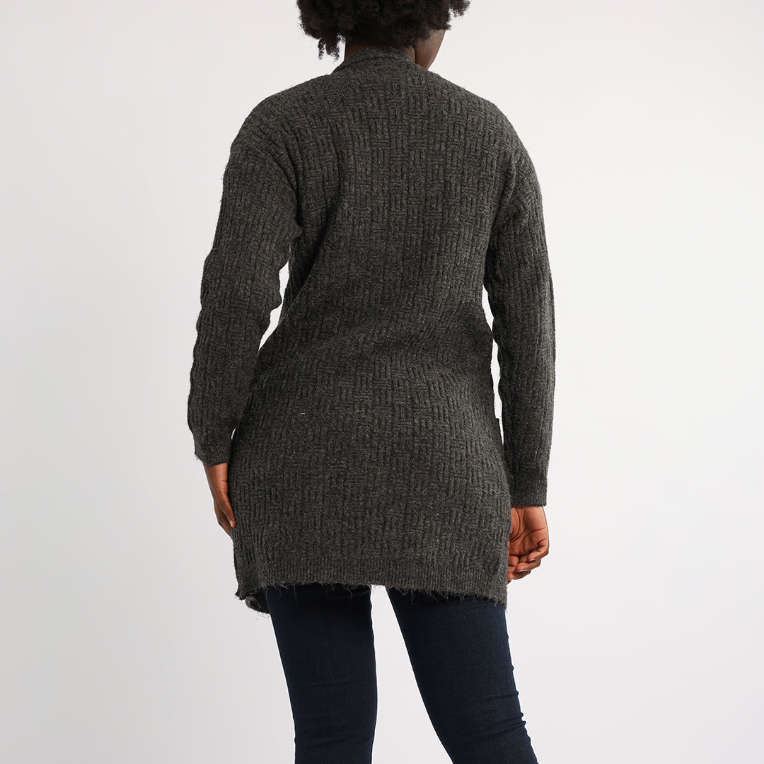 CHARCOAL LONG SLEEVE KNIT CARDIGAN