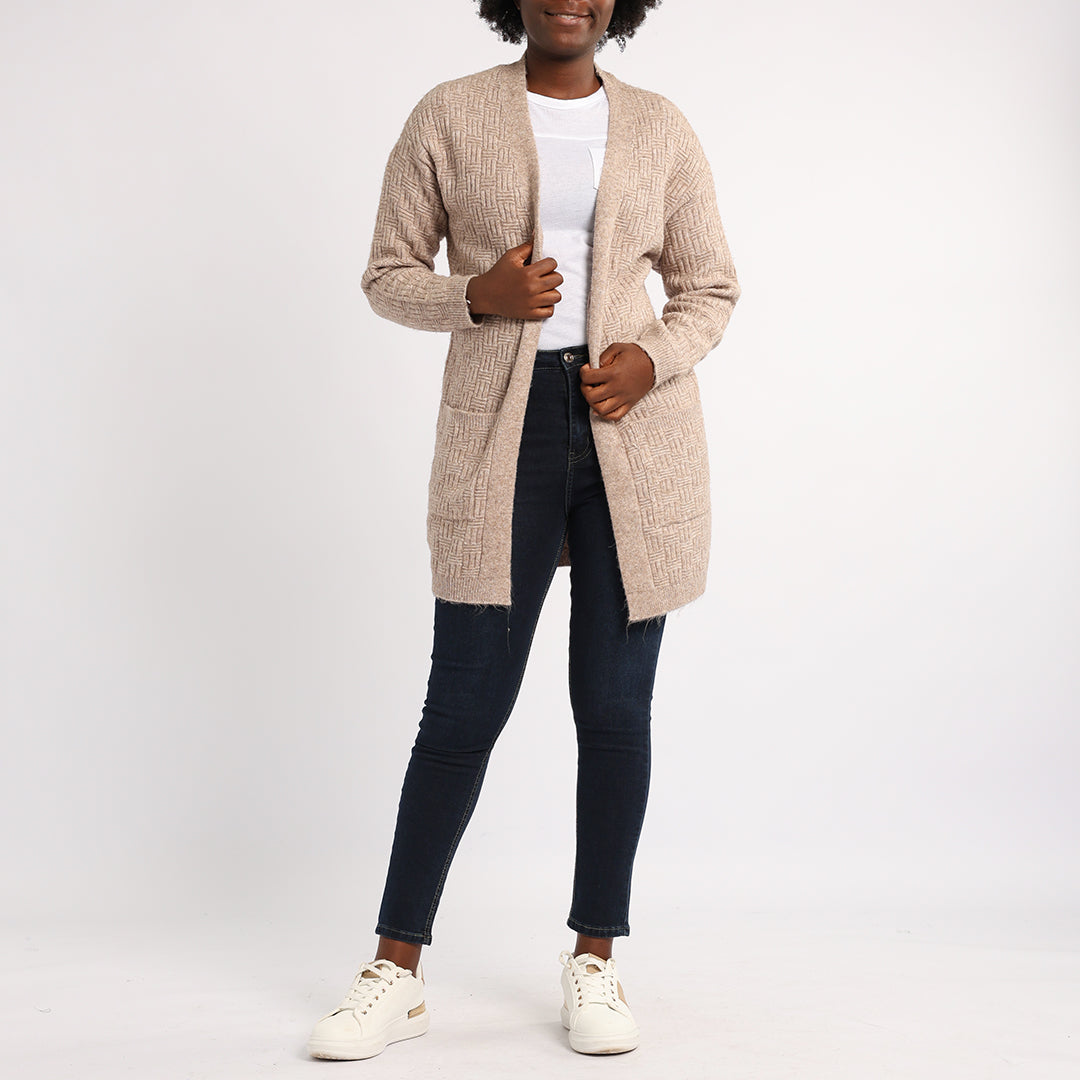 BEIGE LONG SLEEVE KNIT CARDIGAN