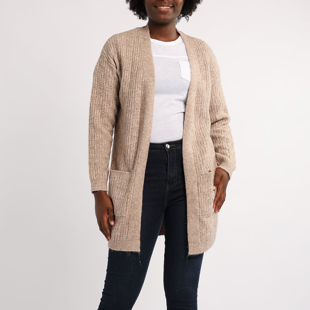 BEIGE LONG SLEEVE KNIT CARDIGAN