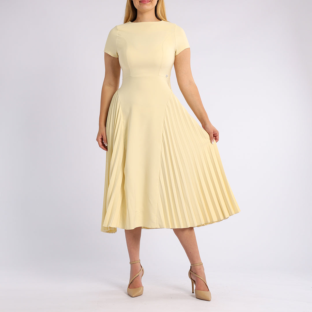 LADIES CIARRA BUTTER YELLOW SIDE PLEATED DRESS