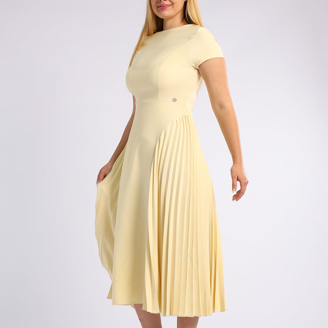 LADIES CIARRA BUTTER YELLOW SIDE PLEATED DRESS