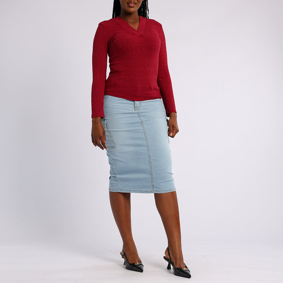 LADIES BURGUNDY LONG SLEEVE V NECK TOP