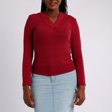 LADIES BURGUNDY LONG SLEEVE V NECK TOP
