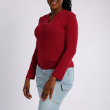 LADIES BURGUNDY LONG SLEEVE V NECK TOP
