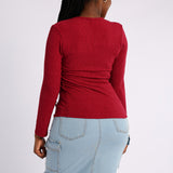 LADIES BURGUNDY LONG SLEEVE V NECK TOP