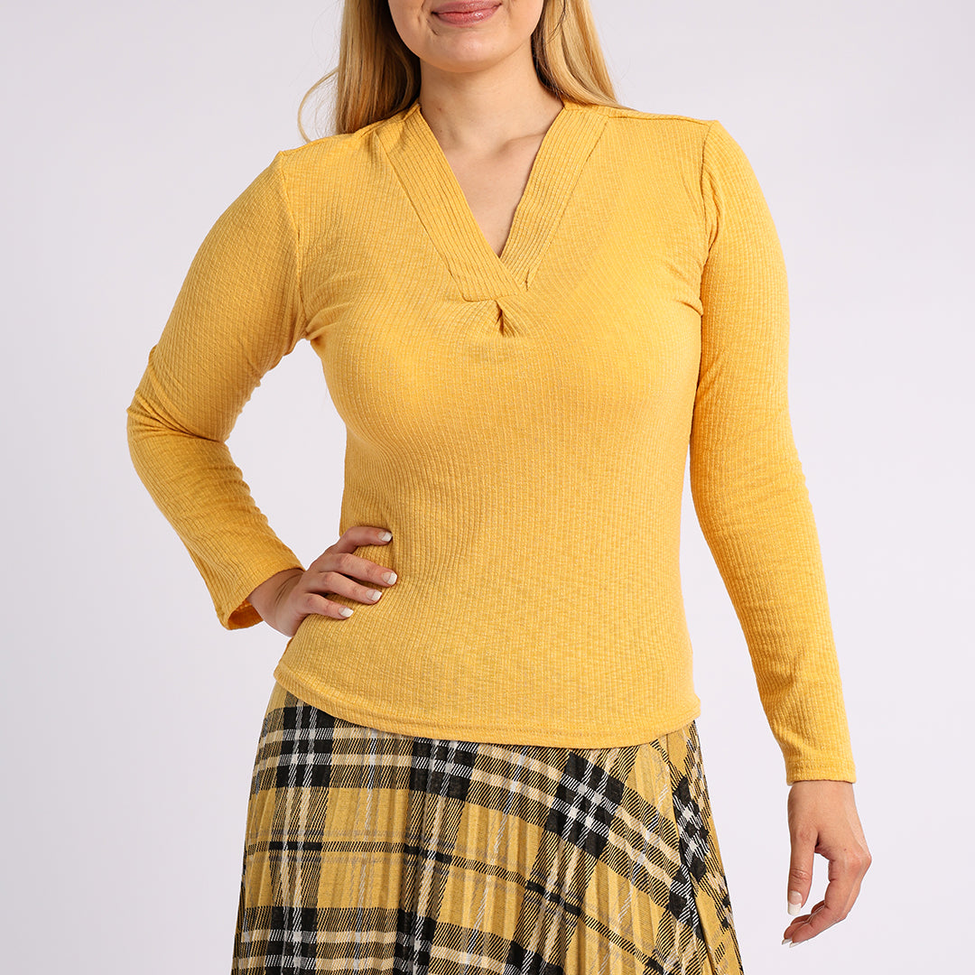 LADIES MUSTARD LONG SLEEVE V NECK TOP