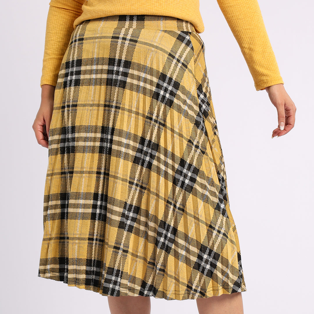 YELLOW CHECK PLEATED SKIRT