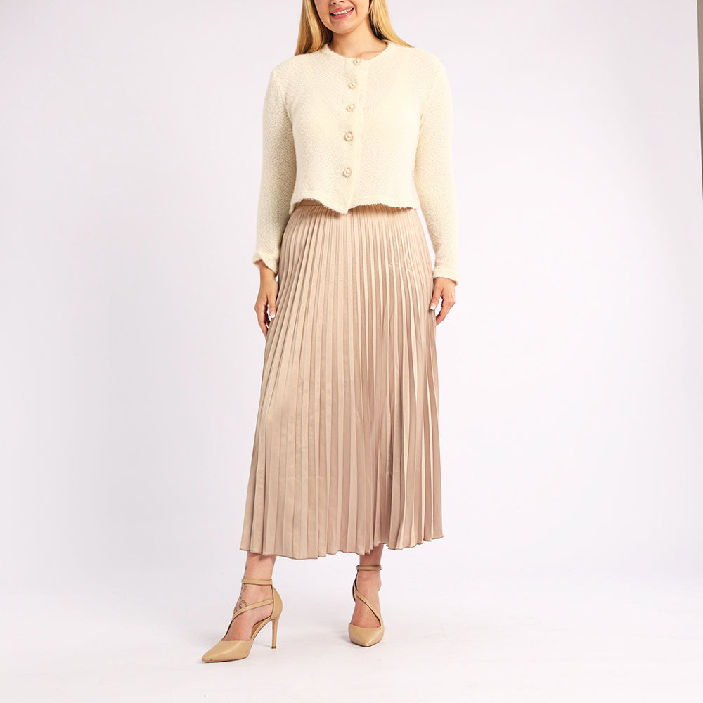 CREAM LONG SLEEVE FUR JERSEY WITH BUTTON DETAIL