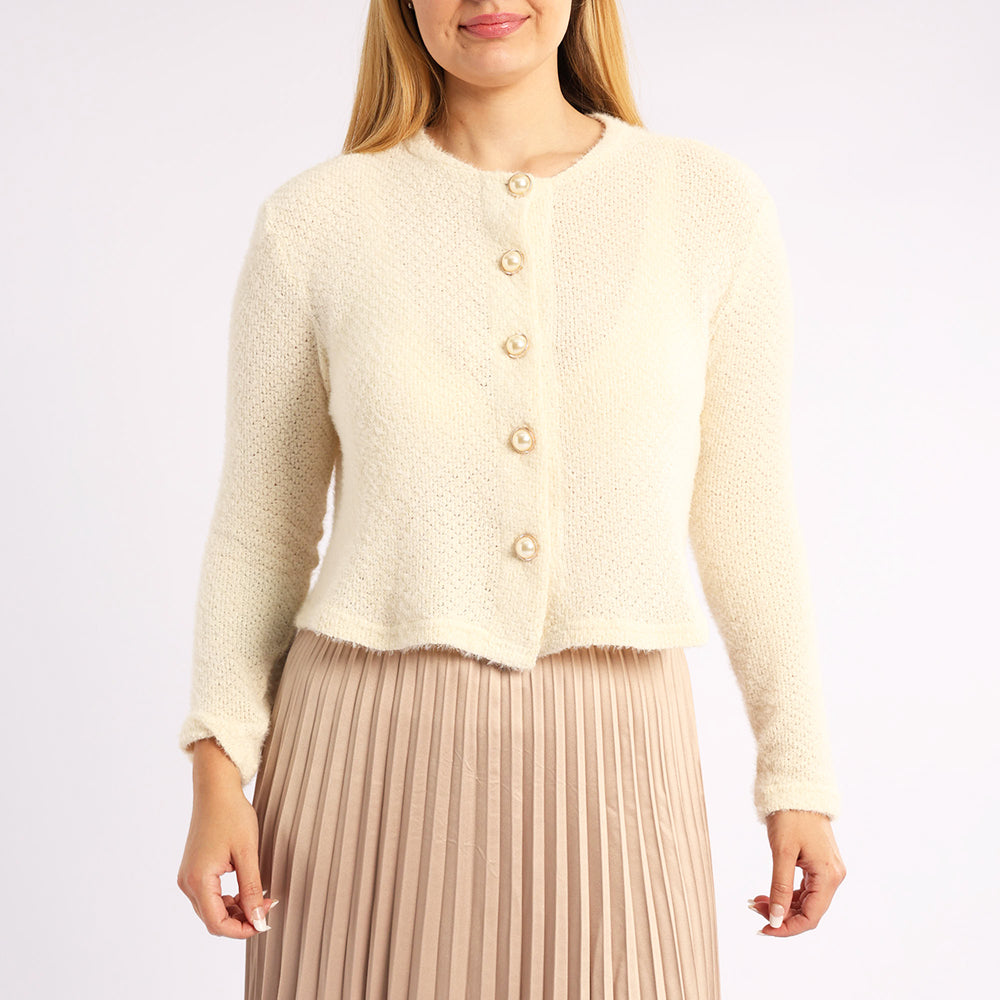 CREAM LONG SLEEVE FUR JERSEY WITH BUTTON DETAIL