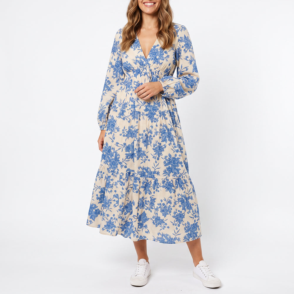 BLUE FLORAL 3/4 SLEEVES DRESS