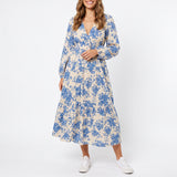 BLUE FLORAL 3/4 SLEEVES DRESS