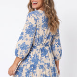 BLUE FLORAL 3/4 SLEEVES DRESS