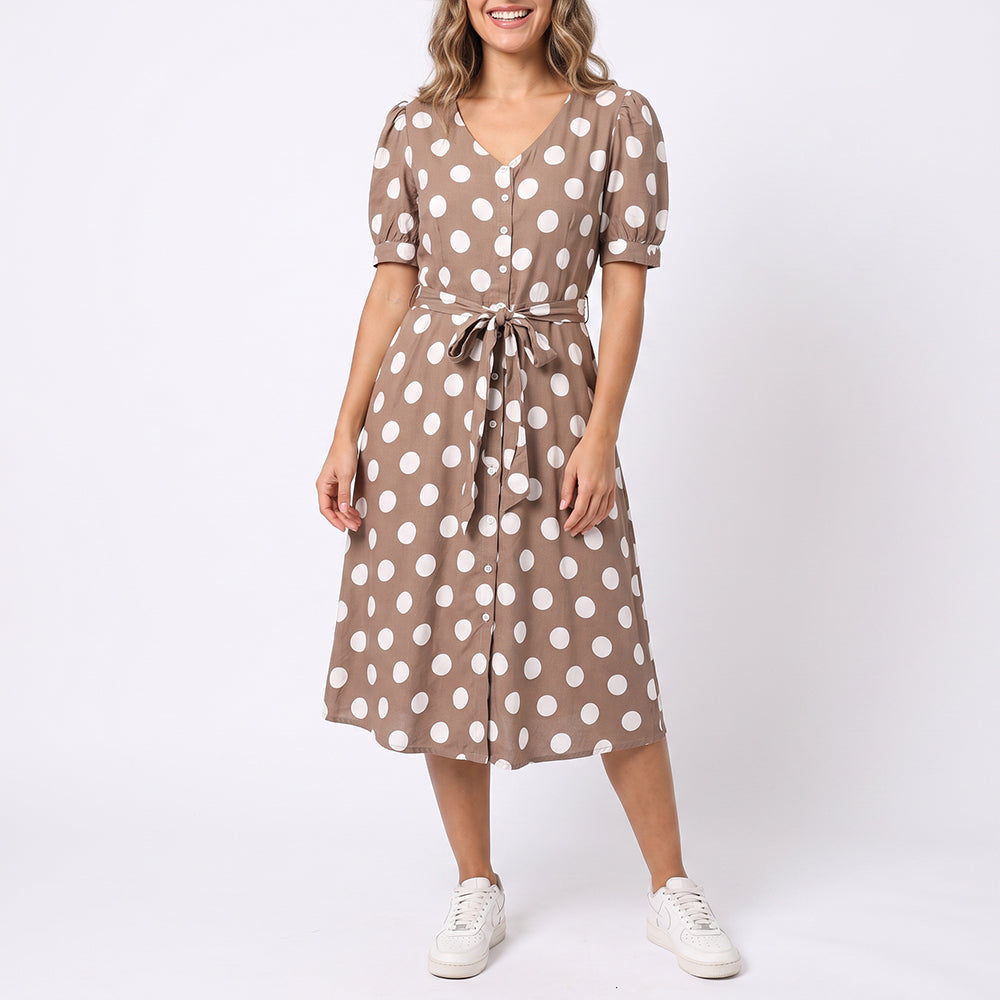 STONE SPOTTED SHORT SLEEVE DRESS WITH BELT