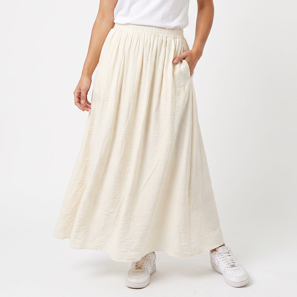CREAM ELASTICATED SKIRT WITH POCKETS