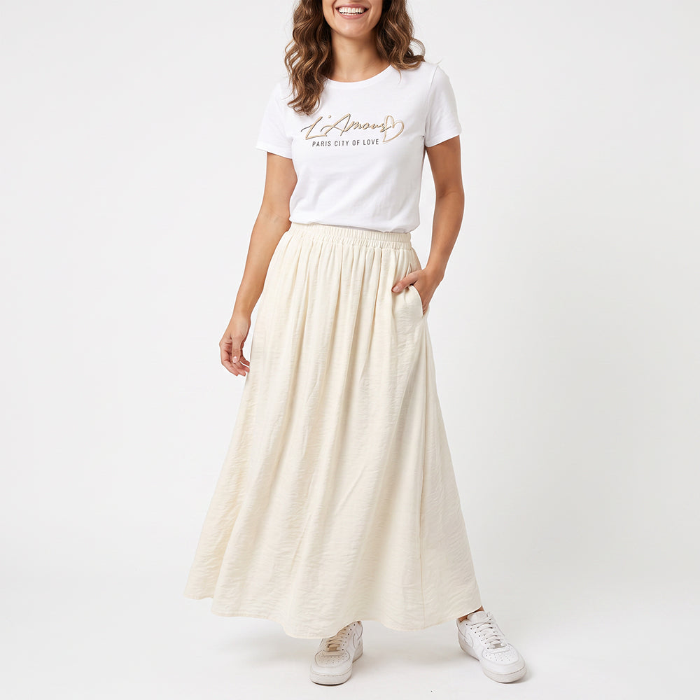 CREAM ELASTICATED SKIRT WITH POCKETS