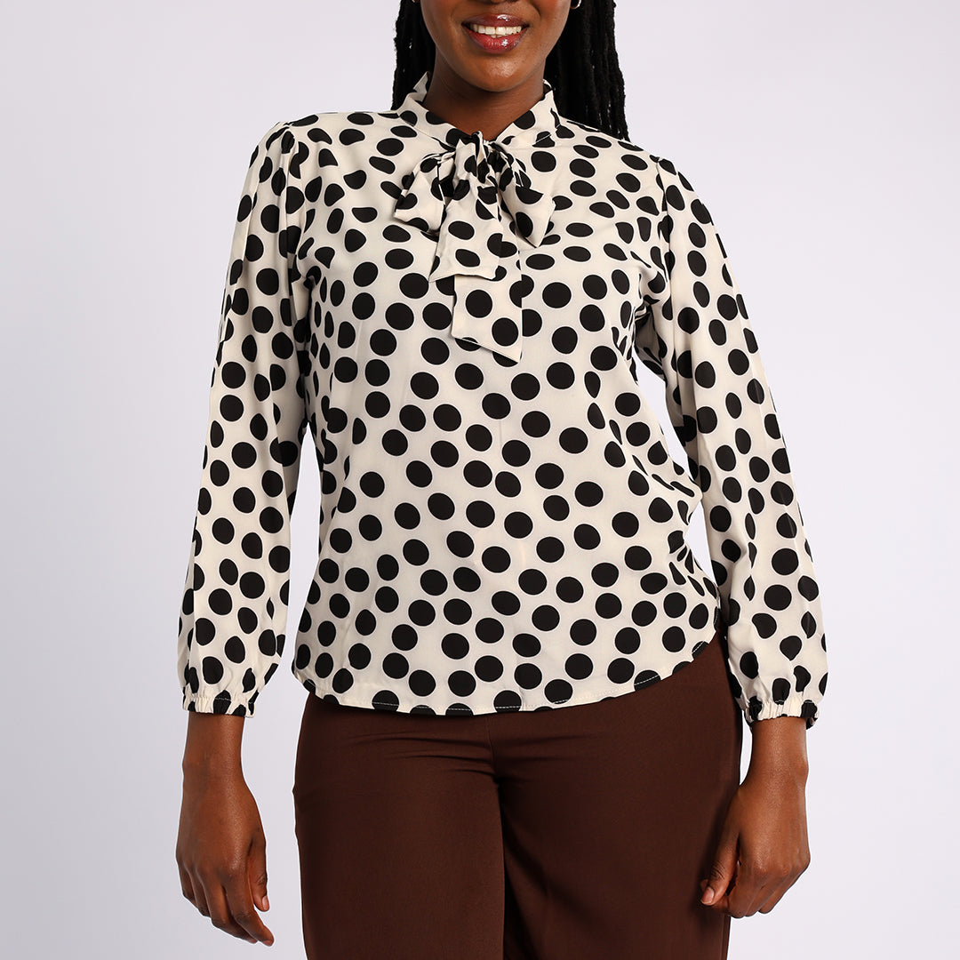 WHITE POLKA DOT LONG SLEEVE BLOUSE