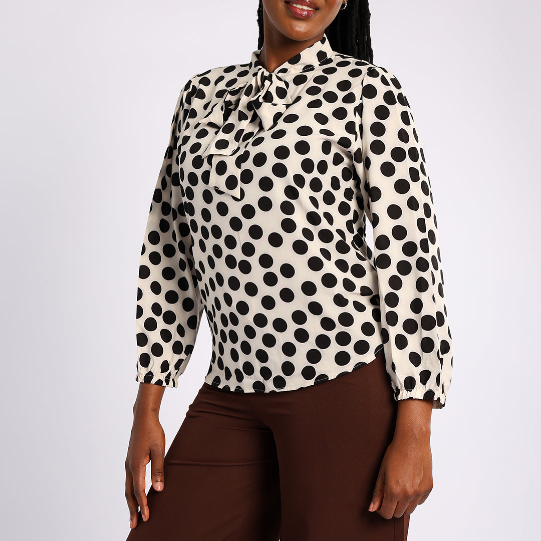 WHITE POLKA DOT LONG SLEEVE BLOUSE
