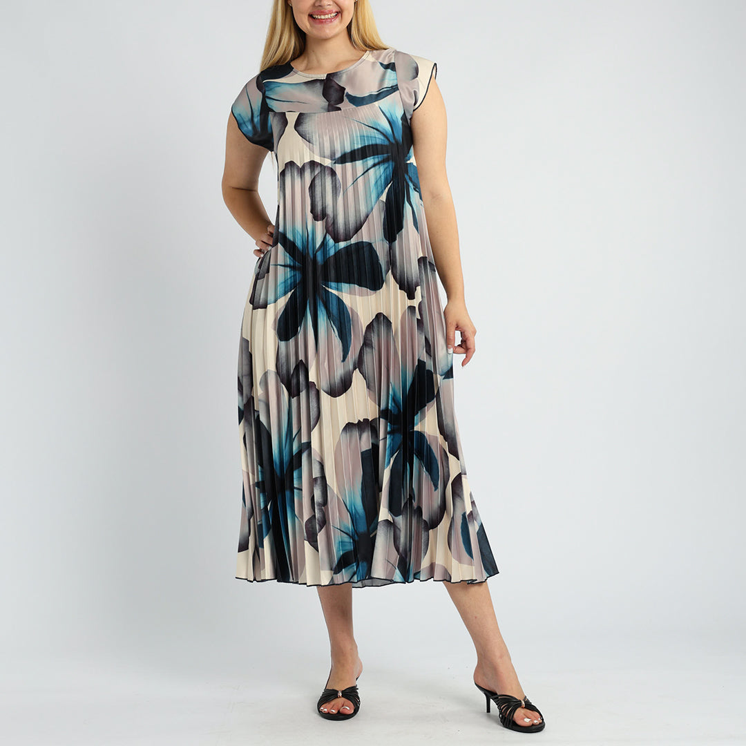 TEAL CHOC SATIN PLEATED DRESS