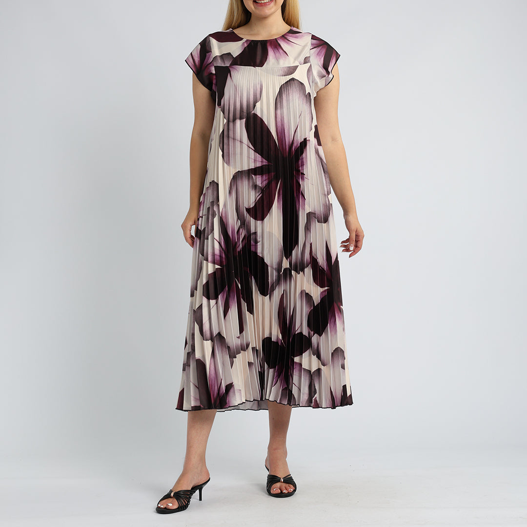 BERRY FLORAL SATIN PLEATED DRESS