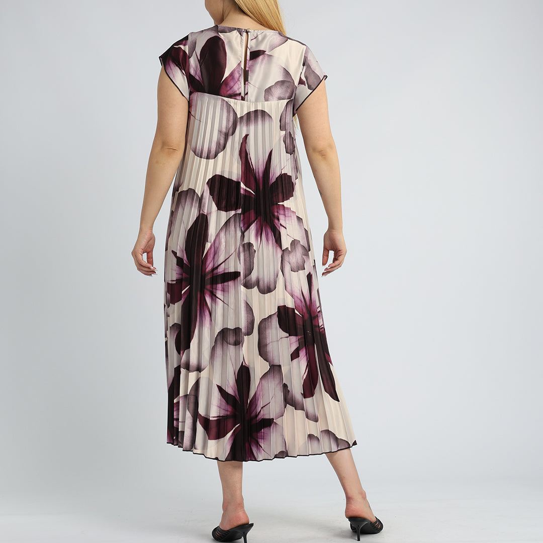 BERRY FLORAL SATIN PLEATED DRESS
