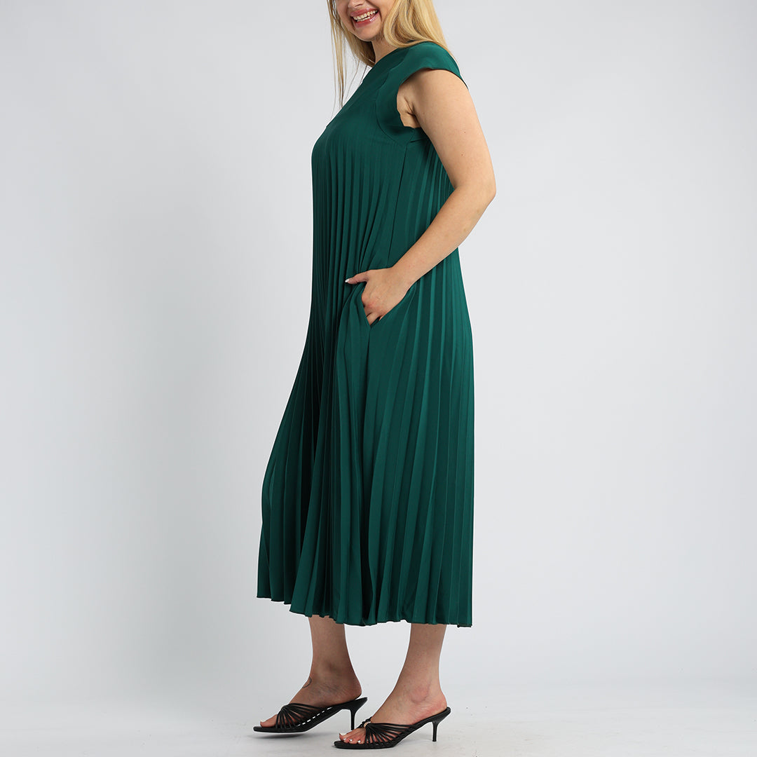 EMERALD PLAIN PLEATED DRESS