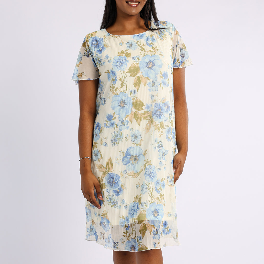 BLUE FLORAL SHORT SLEEVE DRESS