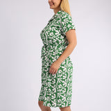 GREEN PRINTED SHORT SLEEVE DRESS WITH BELT