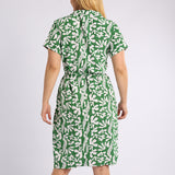 GREEN PRINTED SHORT SLEEVE DRESS WITH BELT