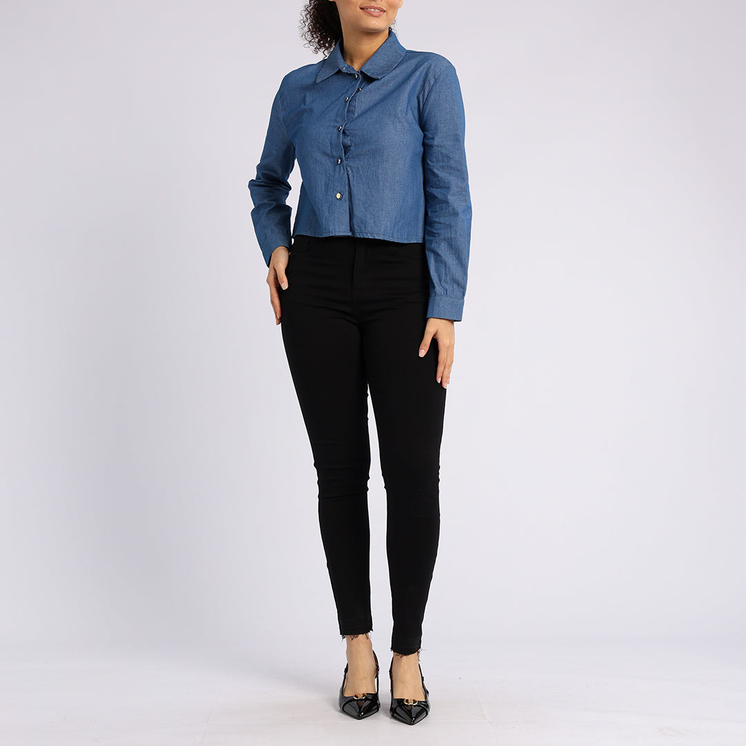 BLUE DENIM LONG SLEEVE CROP SHIRT