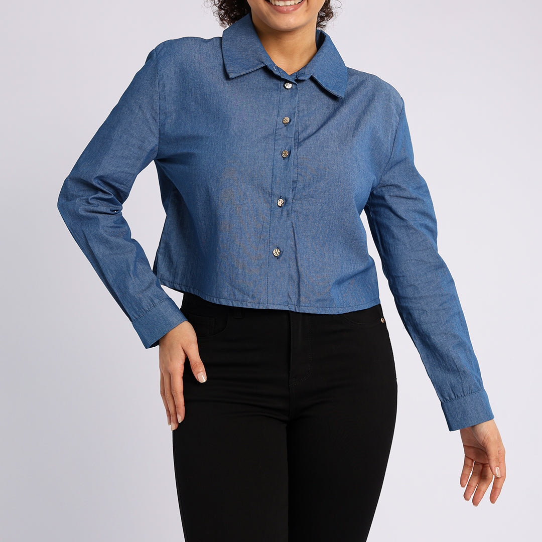 BLUE DENIM LONG SLEEVE CROP SHIRT