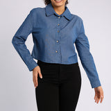 BLUE DENIM LONG SLEEVE CROP SHIRT