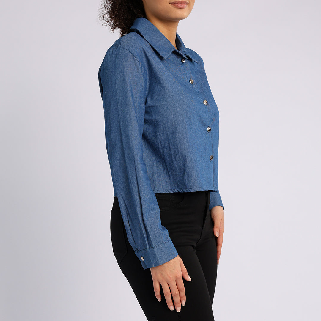 BLUE DENIM LONG SLEEVE CROP SHIRT