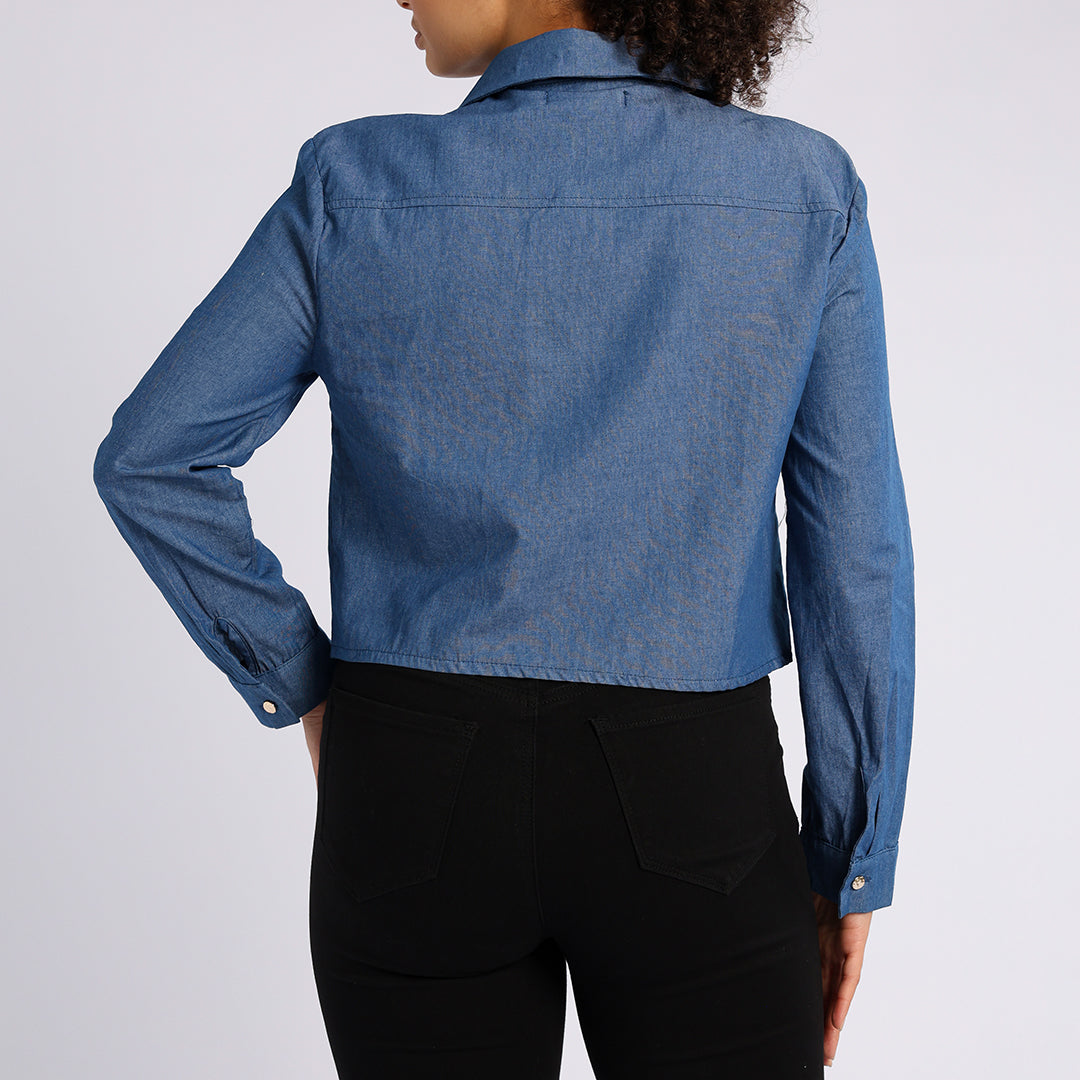 BLUE DENIM LONG SLEEVE CROP SHIRT
