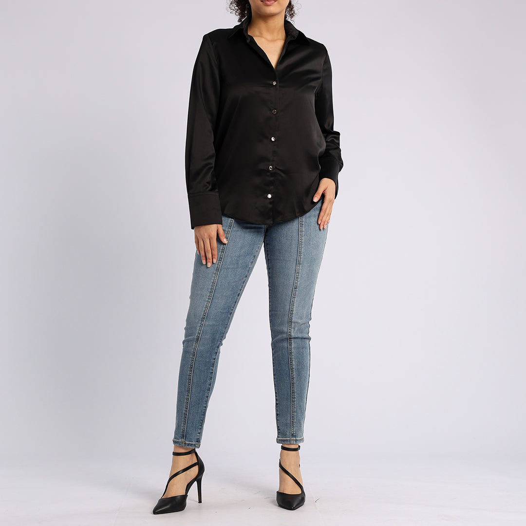 BLACK LONG SLEEVE SATIN SHIRT