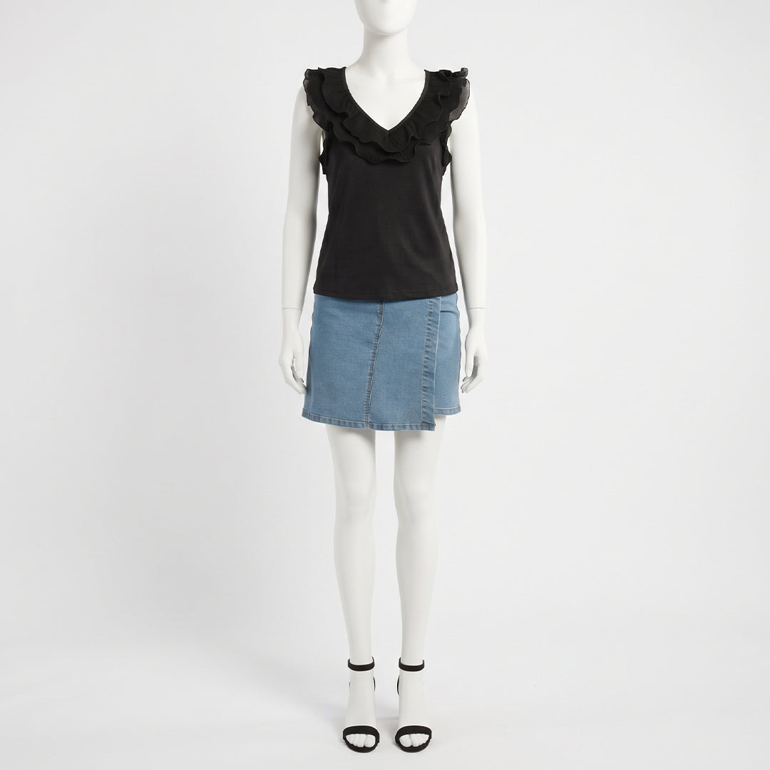Black Short Sleeve Ruffles Top V-Neckline
