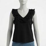 Black Short Sleeve Ruffles Top V-Neckline