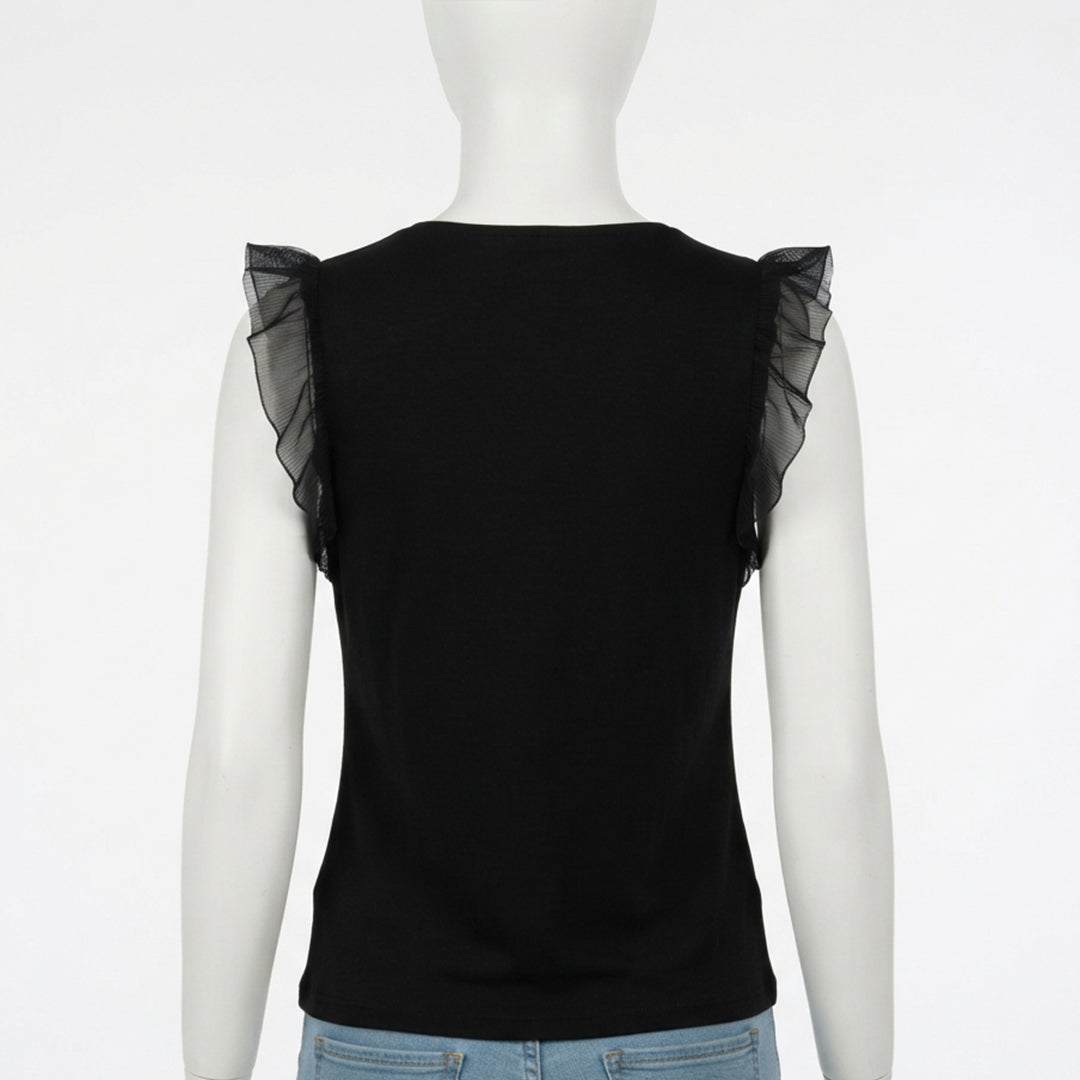 Black Short Sleeve Ruffles Top V-Neckline