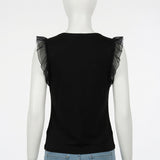 Black Short Sleeve Ruffles Top V-Neckline
