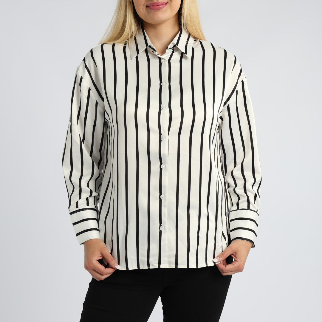 White / Black Stripe Long Sleeve Satin Shirt