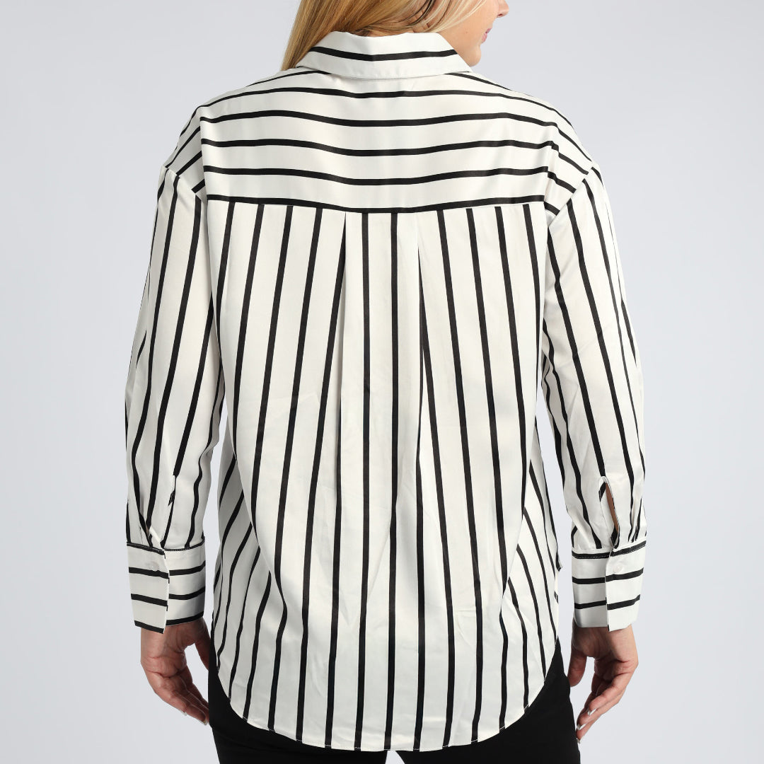 White / Black Stripe Long Sleeve Satin Shirt