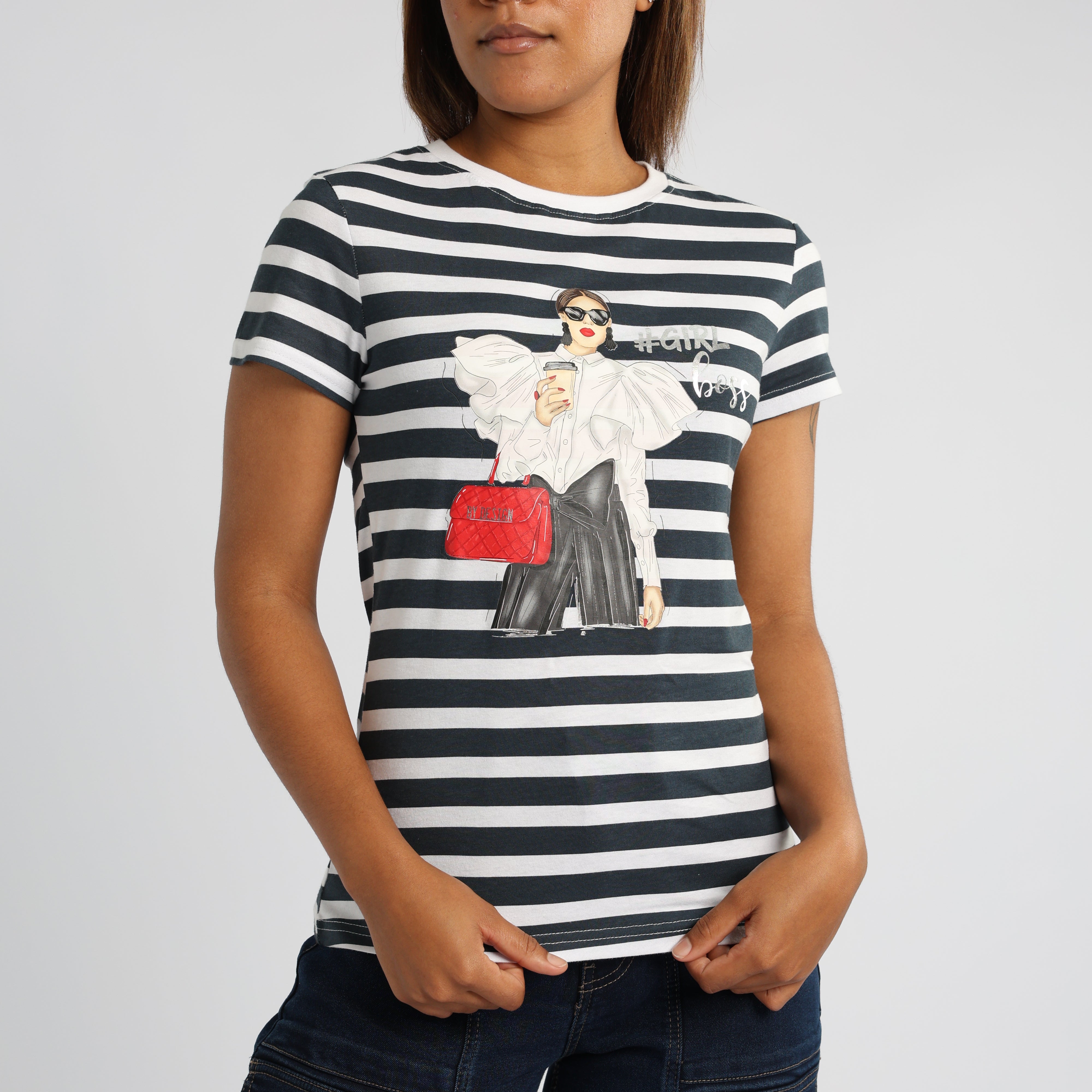 WHITE/NAVY STRIPE PRINTED SHORT SLEEVE TOP