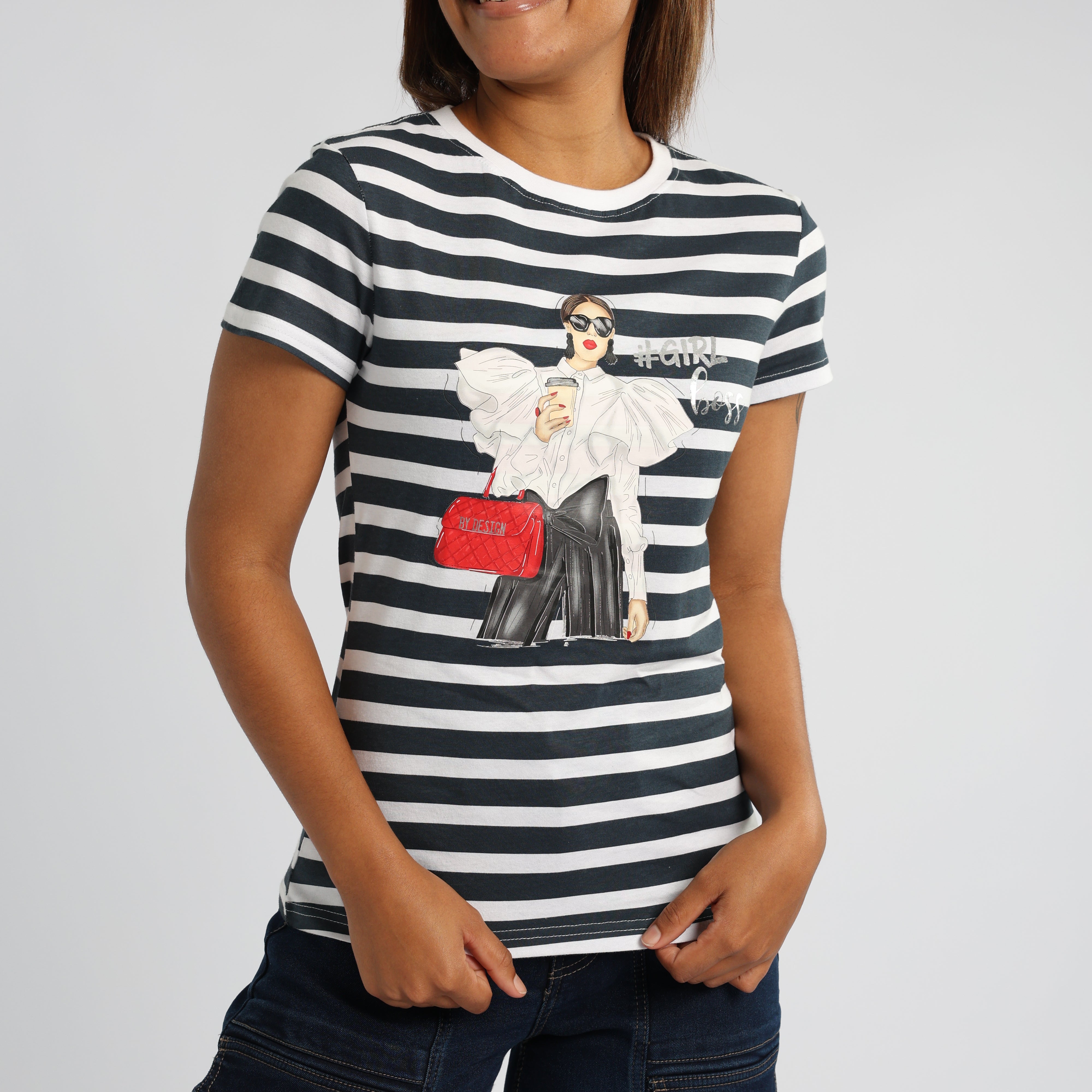 WHITE/NAVY STRIPE PRINTED SHORT SLEEVE TOP