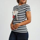WHITE/NAVY STRIPE PRINTED SHORT SLEEVE TOP