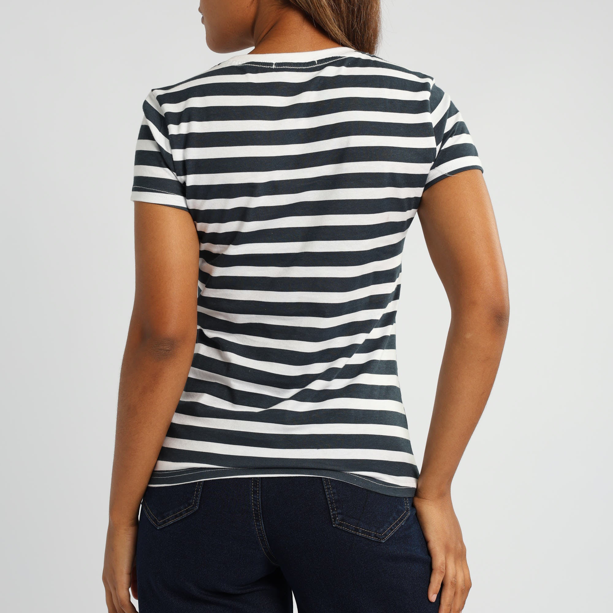WHITE/NAVY STRIPE PRINTED SHORT SLEEVE TOP