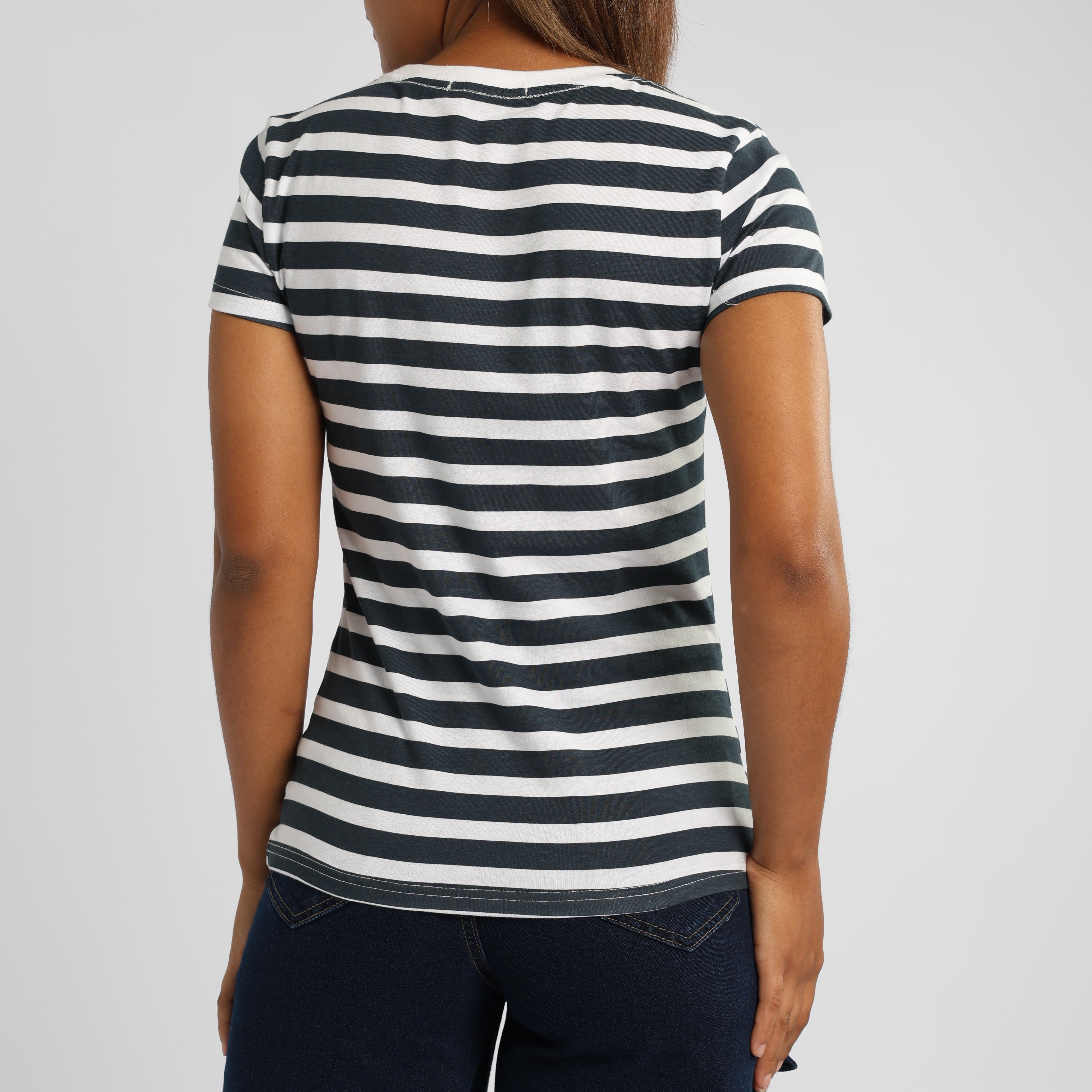 WHITE/NAVY STRIPE PRINTED SHORT SLEEVE TOP