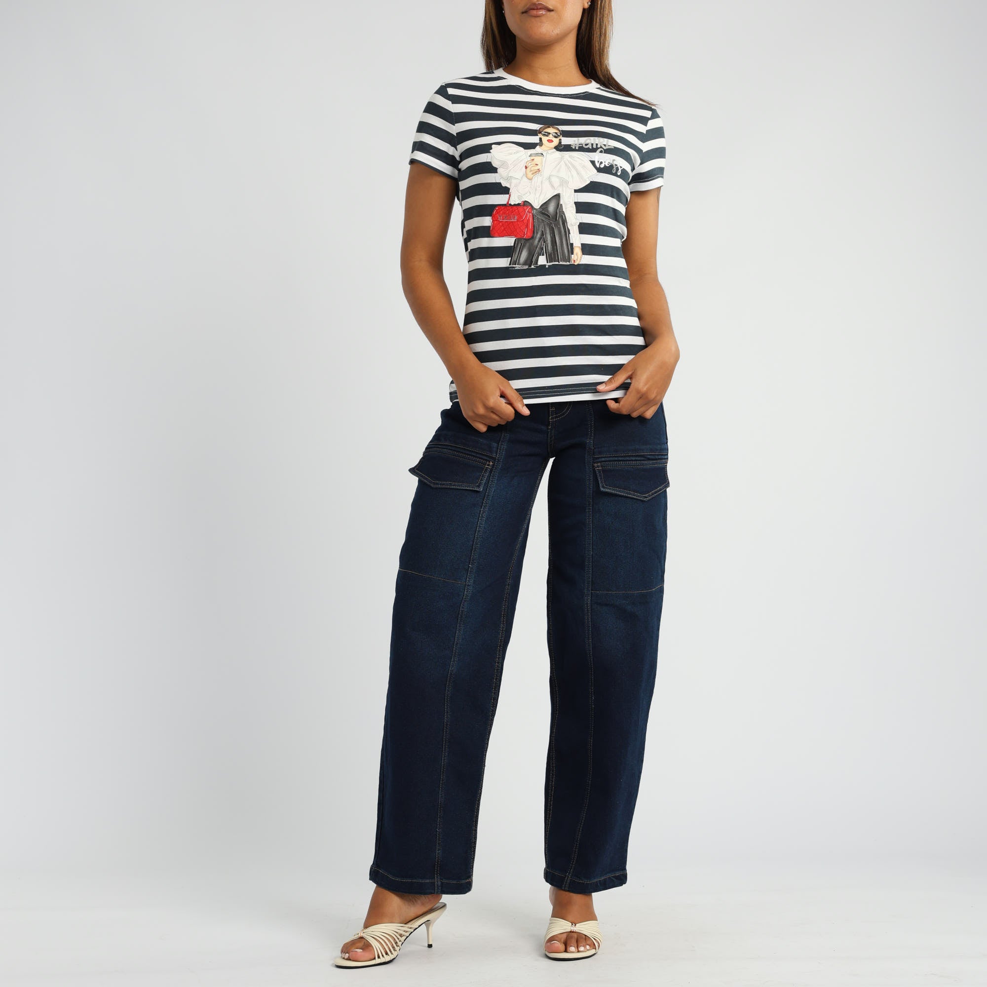 WHITE/NAVY STRIPE PRINTED SHORT SLEEVE TOP