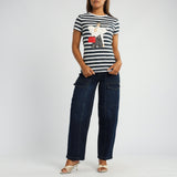 WHITE/NAVY STRIPE PRINTED SHORT SLEEVE TOP