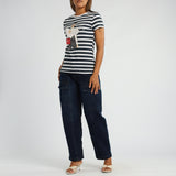 WHITE/NAVY STRIPE PRINTED SHORT SLEEVE TOP