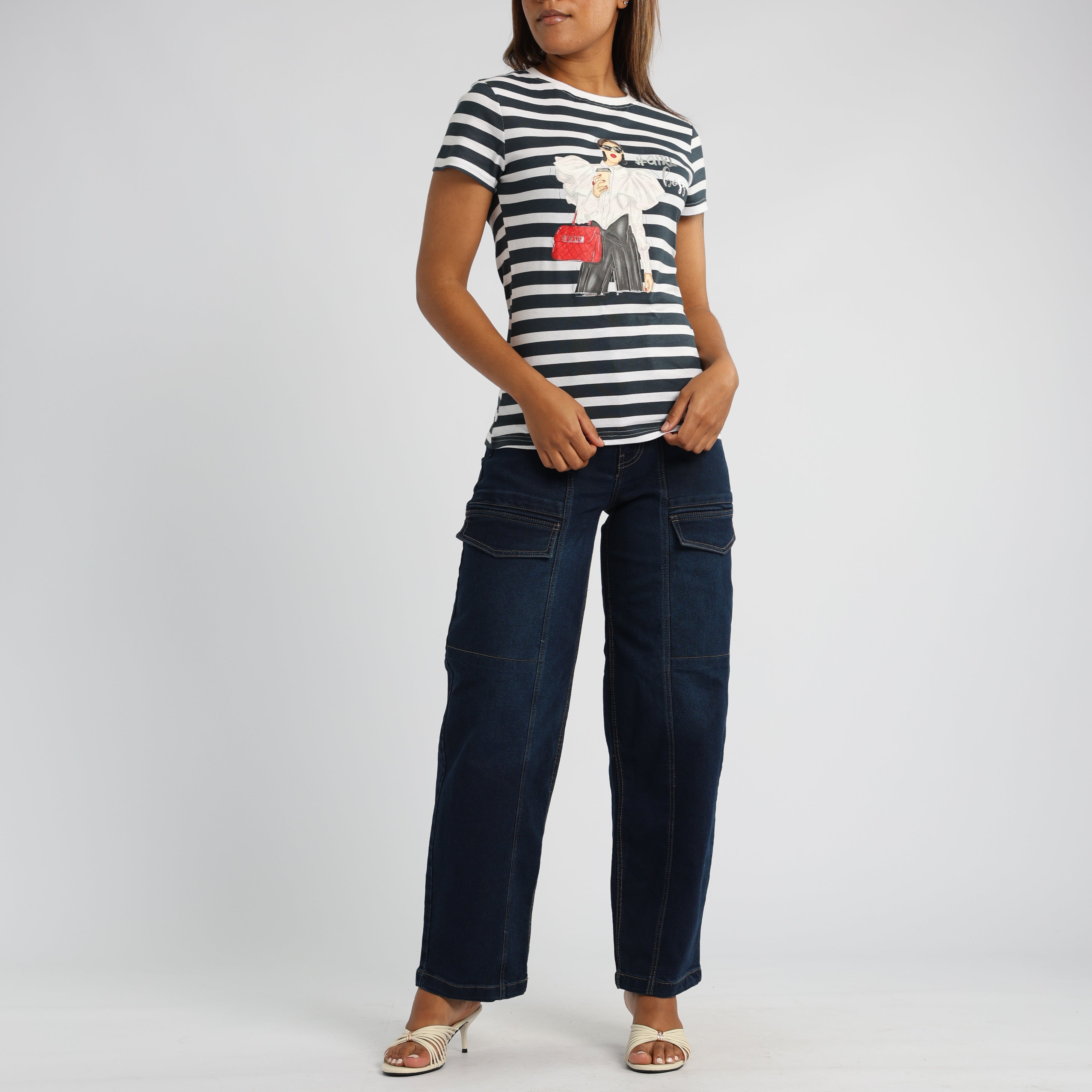 WHITE/NAVY STRIPE PRINTED SHORT SLEEVE TOP