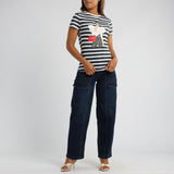 WHITE/NAVY STRIPE PRINTED SHORT SLEEVE TOP